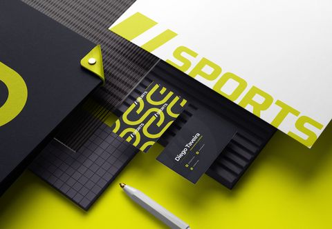 Papelaria da DT Sports em preto e amarelo-neon